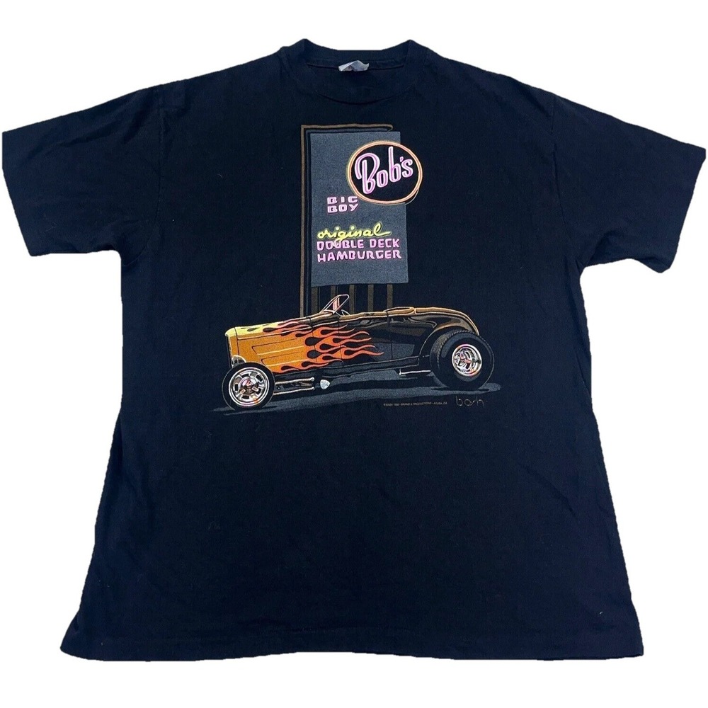 Vintage Bobs Big Boy Shirt Men Large Black Tee Single Stitch 90s USA Hot Rod Car